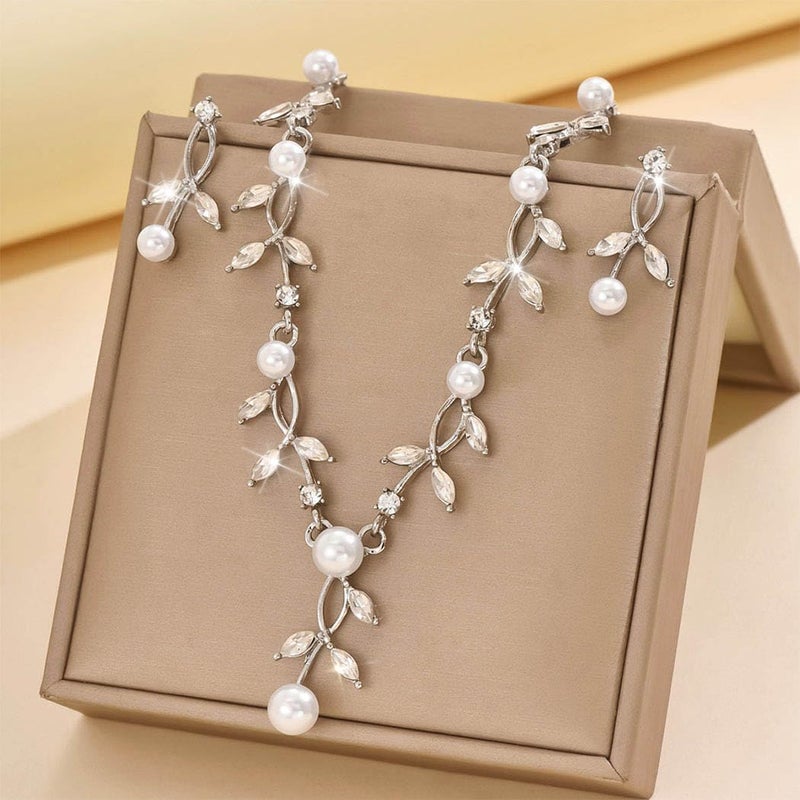 Unicra Pearl Wedding Jewelry Sets Silver Rhinestone Necklace Earrings Sets Prom Bridal Formal Jewelry for Women and Brides (Silver) - Image 2