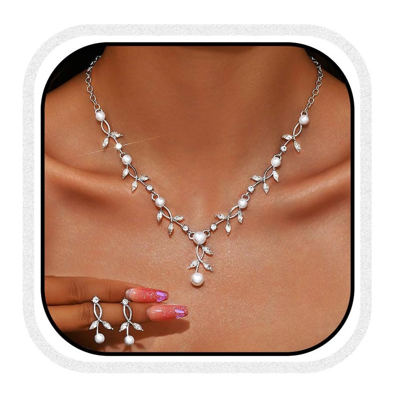 Unicra Pearl Wedding Jewelry Sets Silver Rhinestone Necklace Earrings Sets Prom Bridal Formal Jewelry for Women and Brides (Silver) - Image 1