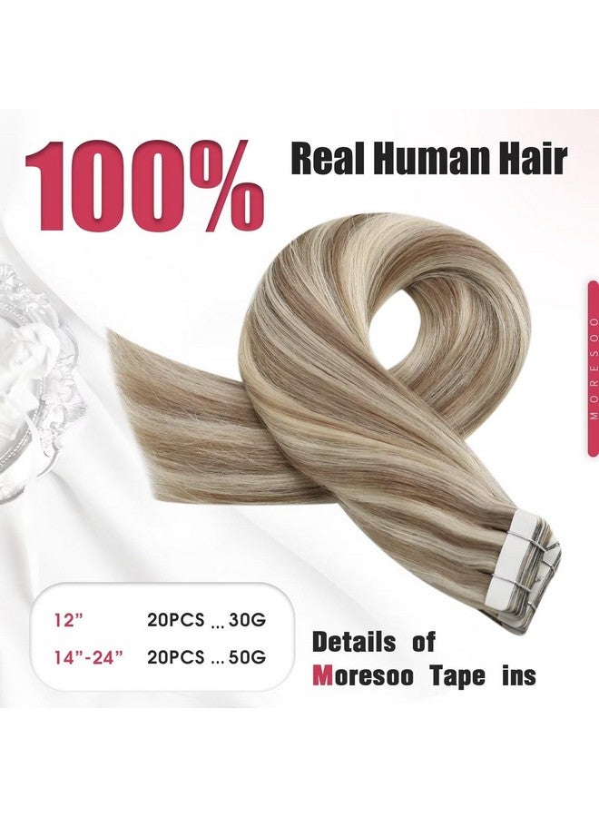 Moresoo Tape In Extensions Human Hair Highlighted Blonde Tape In Hair Extensions Light Brown Highlighted With Blonde Hair Extensions Real Human Hair Tape In Blonde Hair 22 Inch P9A/60 20Pcs 50G - Image 4