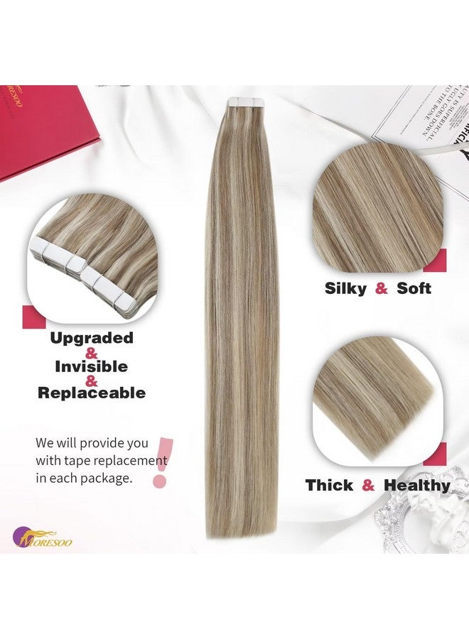 Moresoo Tape In Extensions Human Hair Highlighted Blonde Tape In Hair Extensions Light Brown Highlighted With Blonde Hair Extensions Real Human Hair Tape In Blonde Hair 22 Inch P9A/60 20Pcs 50G - Image 2