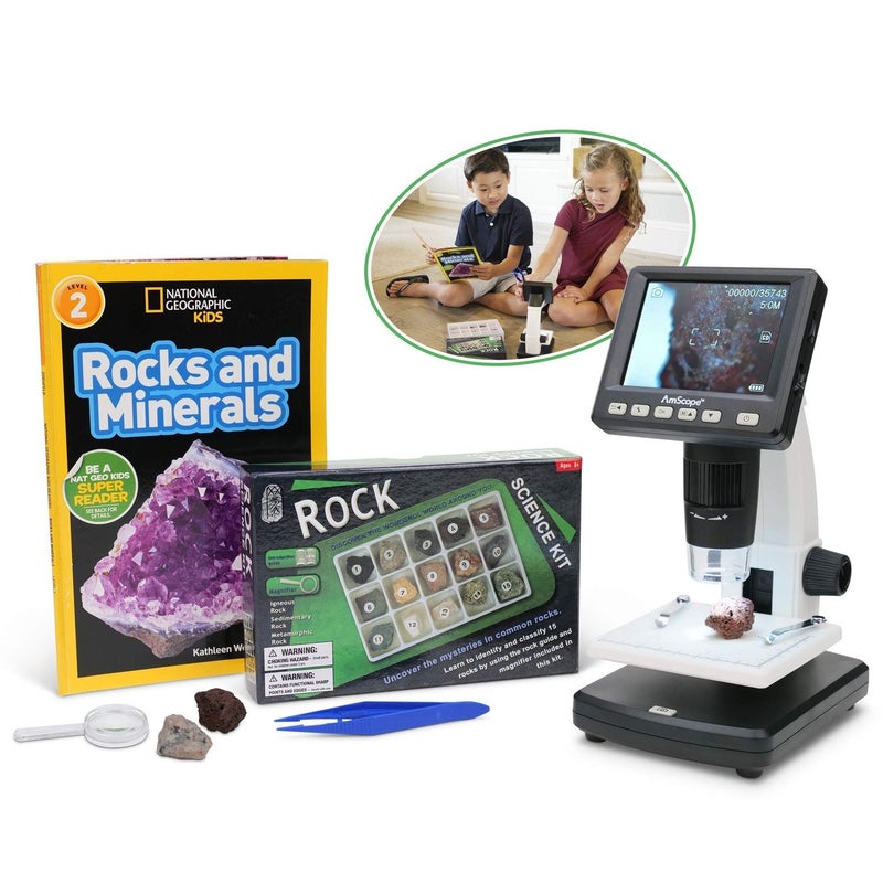 AmScope IQCREW Kids Premium Portable LCD Color Digital Microscope with Rock and Mineral Collecting Look and Learn Activity Kit - Image 1