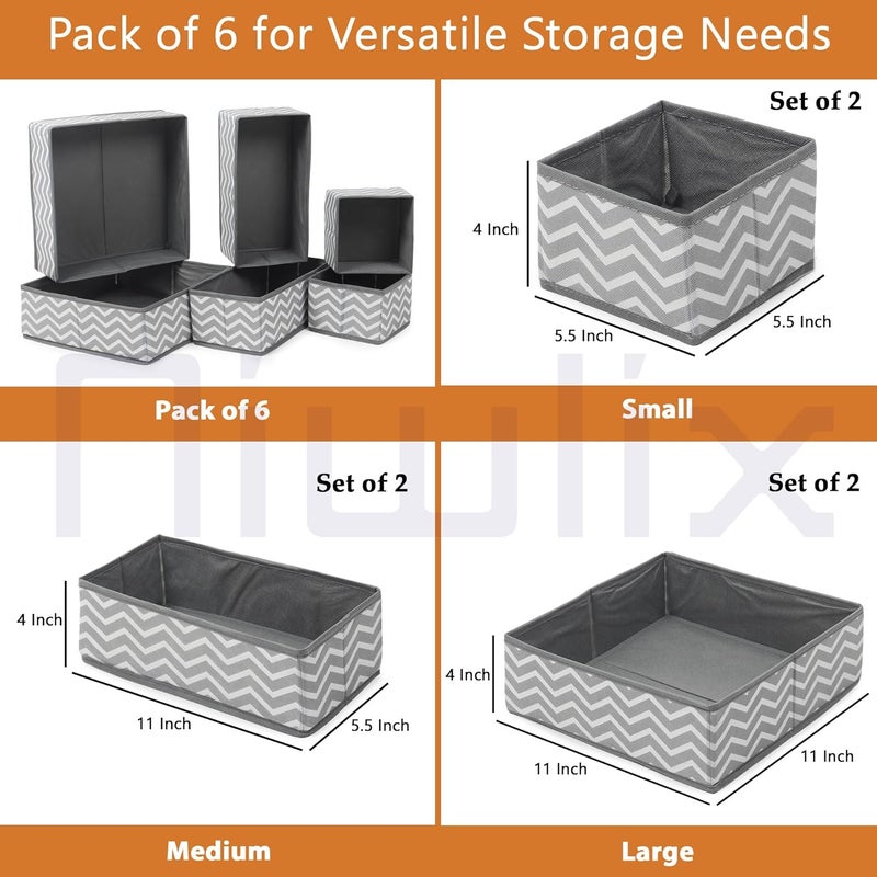 Niwlix Niwlix Wardrobe Organizer for ClothesCloset Organizer Storage Box Drawer Organizer Cube Basket Bins for Underwear Bras Socks Ties Scarves Set of 6 Wave Clothing Fabric Grey Wave - Image 2