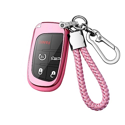 Autophone Compatible With Jeep Dodge Key Fob Cover With Leather Keychain Soft TPU Protection Key Case for Charger Challenger Dart Journey Durango Grand Caravan RAM Fiat Smart KeyPink - Image 1