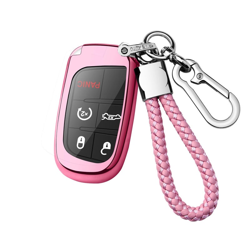 Autophone Compatible With Jeep Dodge Key Fob Cover With Leather Keychain Soft TPU Protection Key Case for Charger Challenger Dart Journey Durango Grand Caravan RAM Fiat Smart KeyPink - Image 3