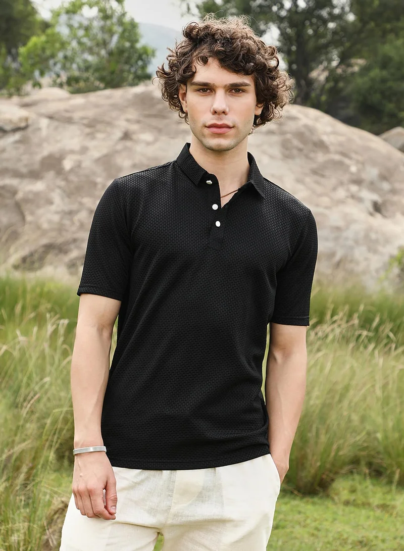 Campus Sutra Men's Onyx Black Warp-Tactile Polo T-Shirt