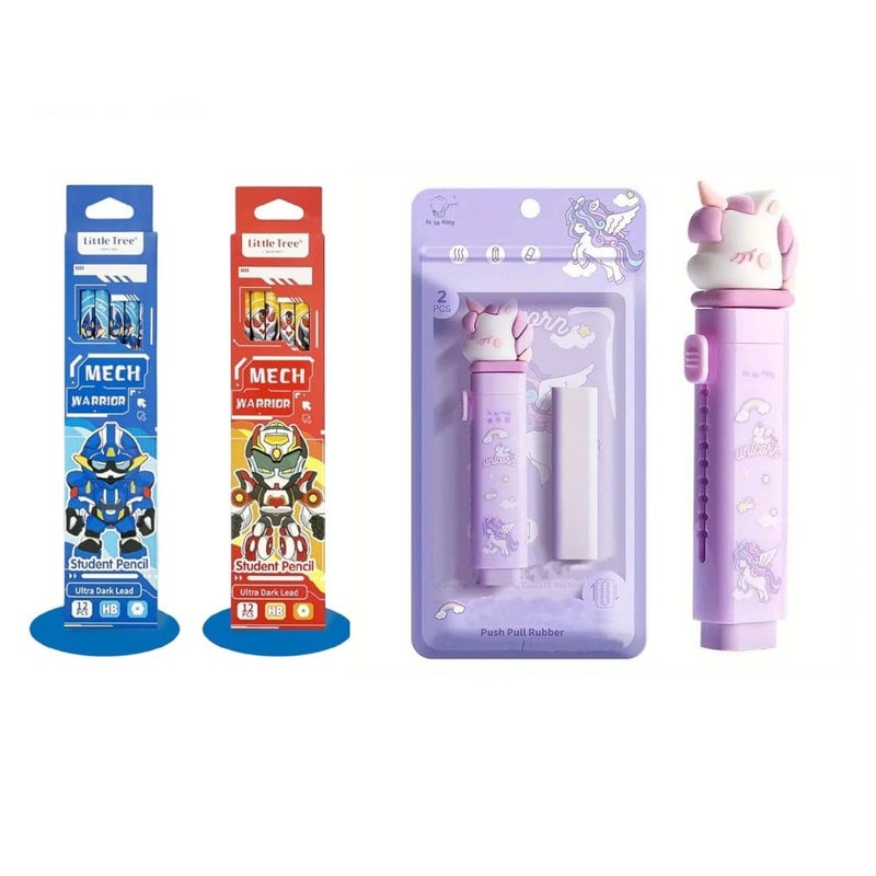 DEOXY 24 pcs Pencil and Pack of 2 Cutest Unicorn Eraser for Kids, Stationary Set, Rubber Eraser, Kawaii Erasers, Fancy Erasers for Birthday Return Gift (Pencil + Unicorn) - Image 1