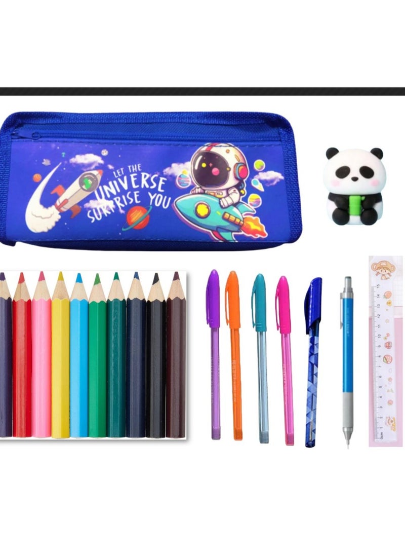 21-piece school supplies set (pencil case with zipper + 4 fluorescent colors + 12 wood colors + pencil + eraser and sharpener + pen + 15 cm ruler) - Image 1