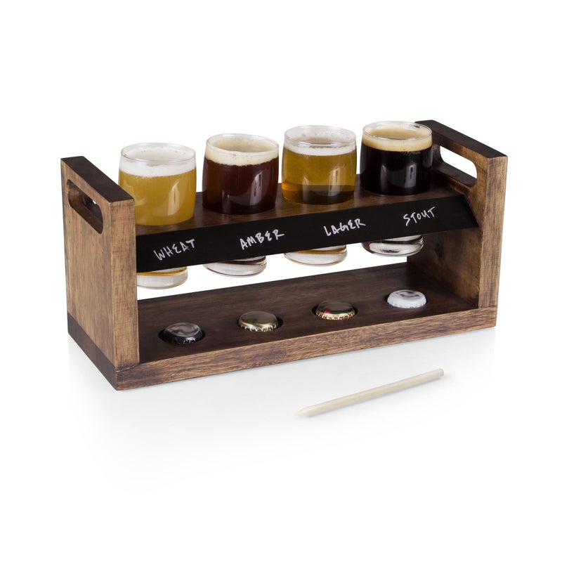 LEGACY  a Picnic Time Brand Craft Beer Flight Set Beer Glasses Set Gifts For Beer Lovers Acacia Wood