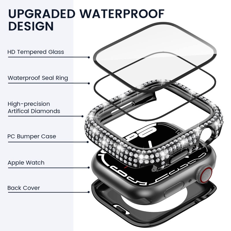 Tensea [2 in 1 for Waterproof Apple Watch Screen Protector Case 45mm Series 9/8/7 Accessories, 360 iWatch Diamond Front Bumper with Glass Film and Back Bumper, Bling Face Cover Women, 45 mm - Image 3