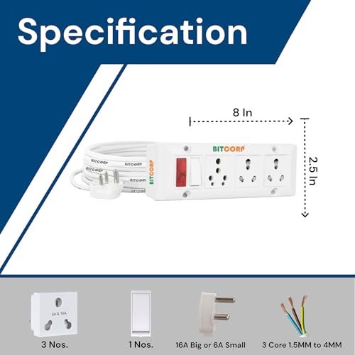 BITCORP 16A to 6A Power Extension Board Converter with 3 Socket 1 Switch, 2500W, 10 Meter 1.5mm Electric Cord for AC, Refrigerator, EV Charger, Water Heater - Image 3