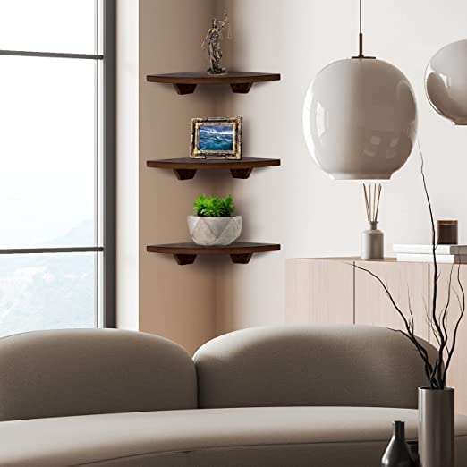 carpentray Corner Shelf Wall Mount 3 pcs Corner Shelf Natural Wood Floating Shelves Wall Shelves for Bedroom Living Room Bathroom Kitchen Brown - Image 2