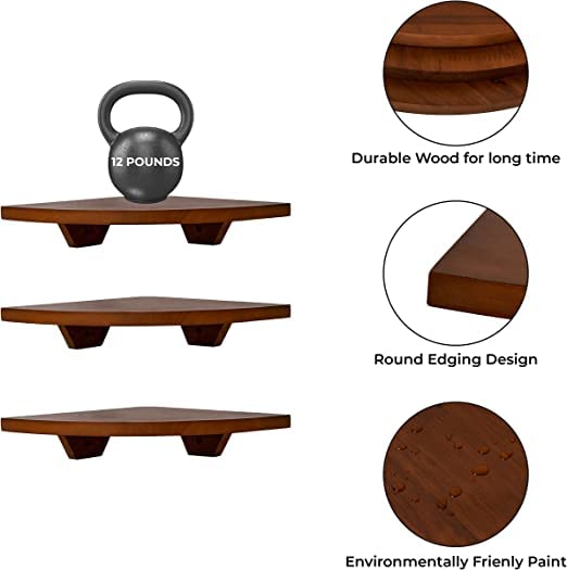 carpentray Corner Shelf Wall Mount 3 pcs Corner Shelf Natural Wood Floating Shelves Wall Shelves for Bedroom Living Room Bathroom Kitchen Brown - Image 4