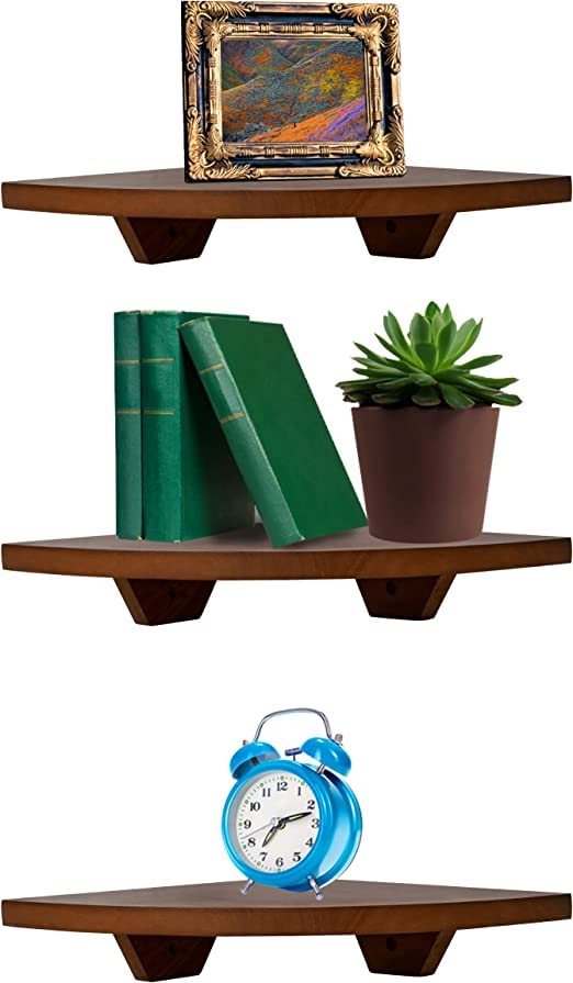 carpentray Corner Shelf Wall Mount 3 pcs Corner Shelf Natural Wood Floating Shelves Wall Shelves for Bedroom Living Room Bathroom Kitchen Brown - Image 1