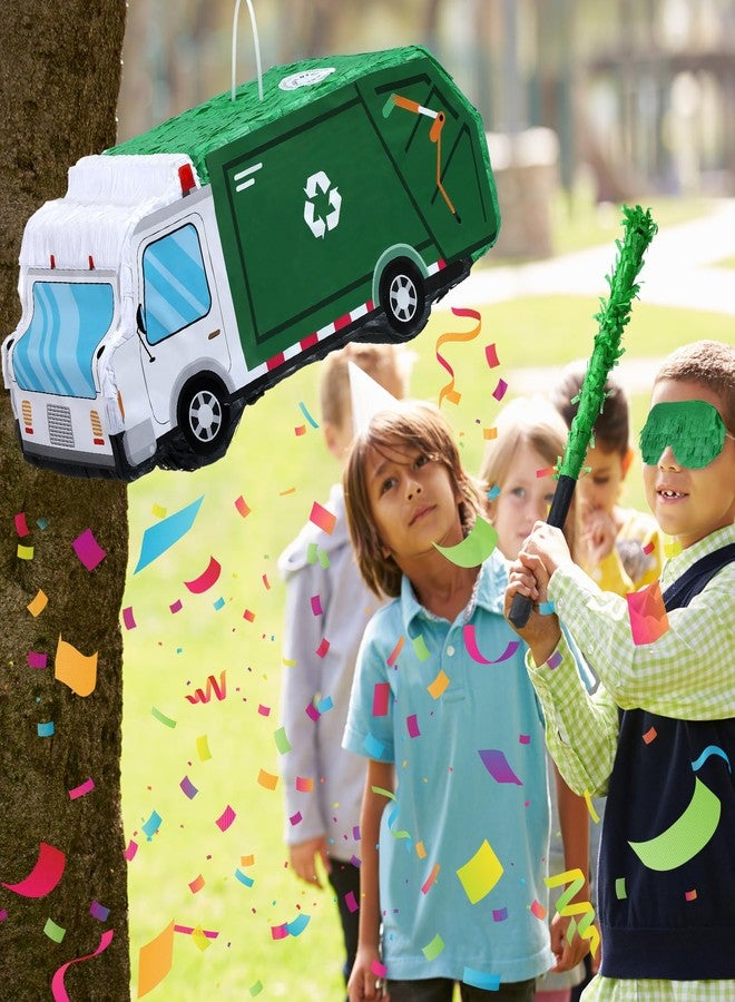 Seenelling زينة بينياتا ثلاثية الأبعاد على شكل شاحنة مع عصابة للعينين ومضرب للأطفال من الجنسين، هدية مثالية لحفلات أعياد الميلاد وحفلات استقبال المولود (شاحنة قمامة). - Image 3