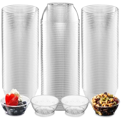 JoyServe Clear Mini Plastic Bowls - (Bulk 100 Pack) 6 Oz Disposable Premium Hard Plastic Dessert Bowls for Serving, Weddings, Catering, Parties, Salsa, Home or Event Party Supplies - Image 1