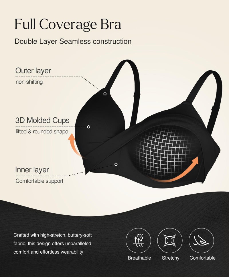 Popilush Bras for Women No Underwire Supportive Push Up Bralettes Wireless Full Coverage Plus Size T-Shirt Bra (40C-D) Black - Image 2