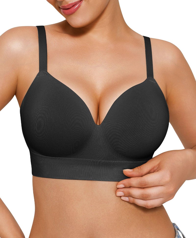 Popilush Bras for Women No Underwire Supportive Push Up Bralettes Wireless Full Coverage Plus Size T-Shirt Bra (40C-D) Black - Image 1