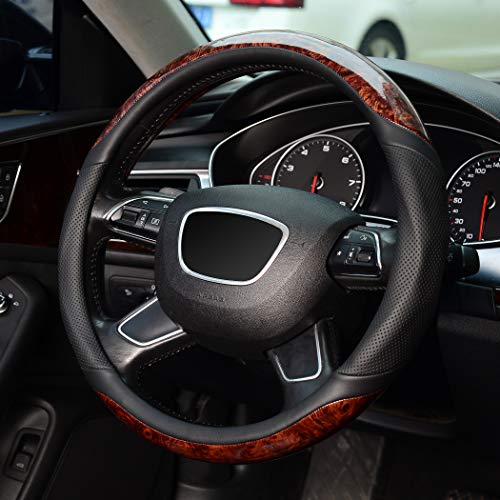KAFEEK Small Size 14 inch Wood Grain Steering Wheel Cover, Black Microfiber Leather, Compatible for Prius Civic 14-14.25 inch Steering Wheel - Image 3