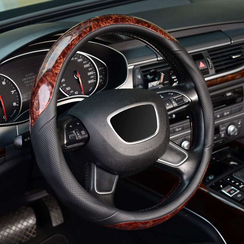 KAFEEK Small Size 14 inch Wood Grain Steering Wheel Cover, Black Microfiber Leather, Compatible for Prius Civic 14-14.25 inch Steering Wheel - Image 5