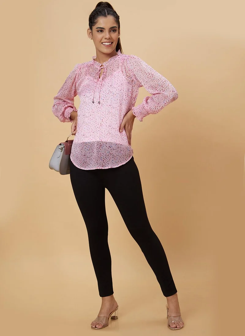 جلو باص بلوزة نسائية بطبعة تجريدية وربطة عنق وأكمام بأساور من جلوبس