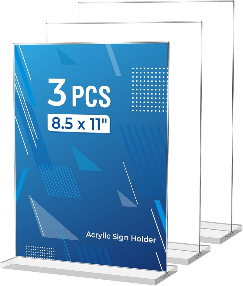 Dooiclear 3 Pack Acrylic Sign Holder 8.5 x 11 Inches, Clear Menu Holder Stand, Vertical Flyer Display Stand, Table Paper Holder, Desk Brochure Holder, Plastic Sign Display Stand for Restaurants, Office, Store - Image 1