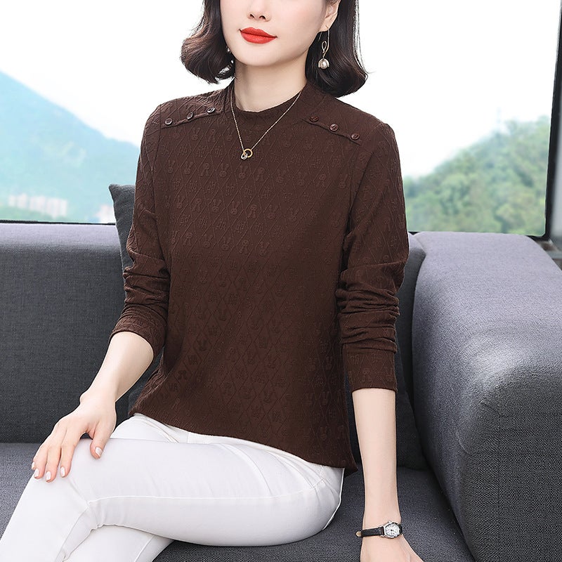 Solid color inner round neck top Mother jacquard bottoming shirt middle-aged and elderly womens autumn and winter New long sleeve T-shirt plus size Brown