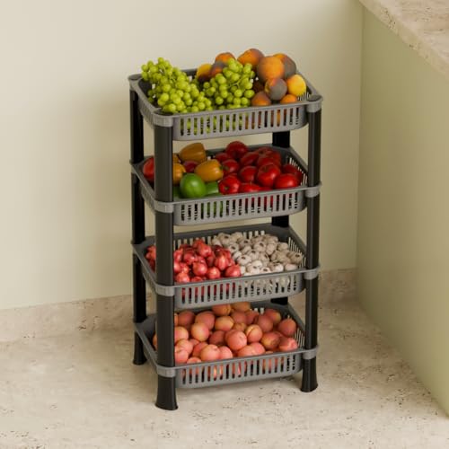FOROLY 4-Layer Multipurpose Plastic Kitchen Storage Rack | Vegetable Basket Organizer | Stackable Storage Stand for Home, Pantry, Bathroom, Office – Durable Space-Saving Shelf (Silver) - Image 1