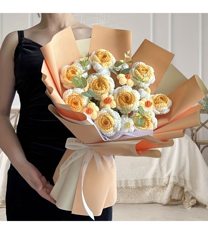 Yellow Handmade Crochet Realistic Rose Bouquet Lemon Scent Custom Text Picture Hand Hooked Fabric Flowers Bouquet For Valentine Mother Day Gift Spring Table Centerpiece - Image 5