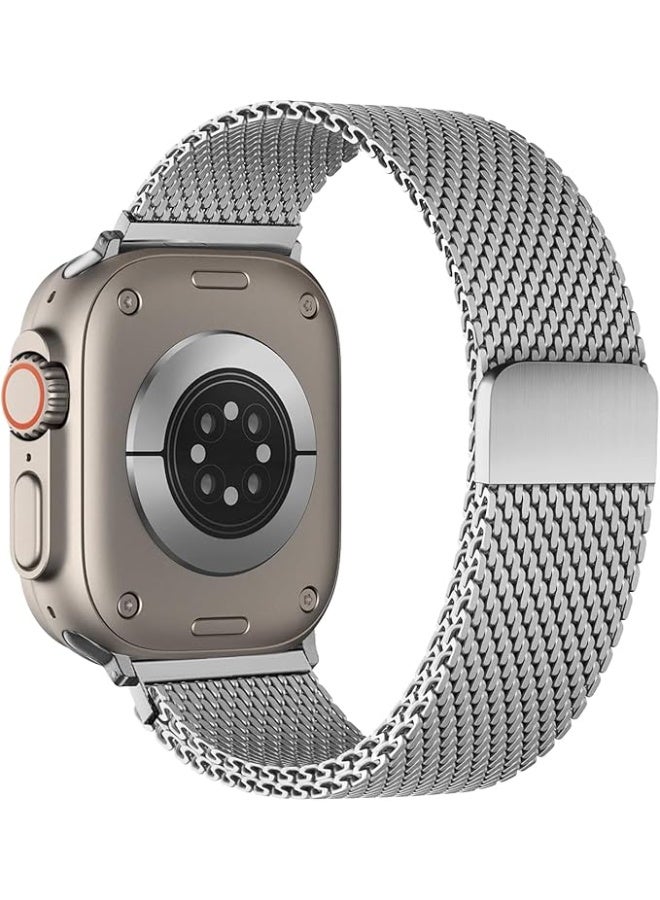 نيو سوار ميلانو مغناطيسي لساعة Apple Watch Ultra / Ultra 2 / Ultra 3 (49 مم) - حزام شبكي من الفولاذ المقاوم للصدأ للرجال والنساء، سوار معصم معدني قابل للتهوية مع إغلاق مغناطيسي آمن (فضي) - Image 1
