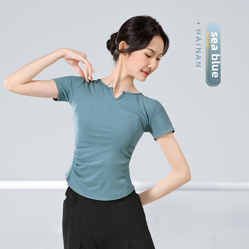 Generic Womens Dance Practice Top Short Sleeve Ballet Sea Blue