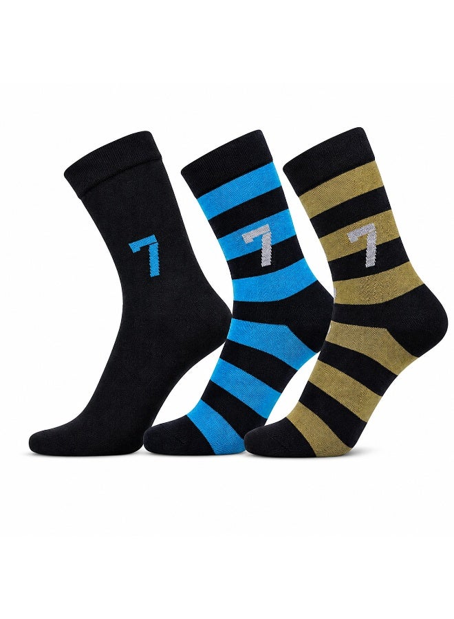 CR7 Kids Socks 3-Pack, Cotton Blend Crew Socks, Black, Blue & Gold Designs, 70% Cotton, 29% Polyester, 1% Elastane - Image 1