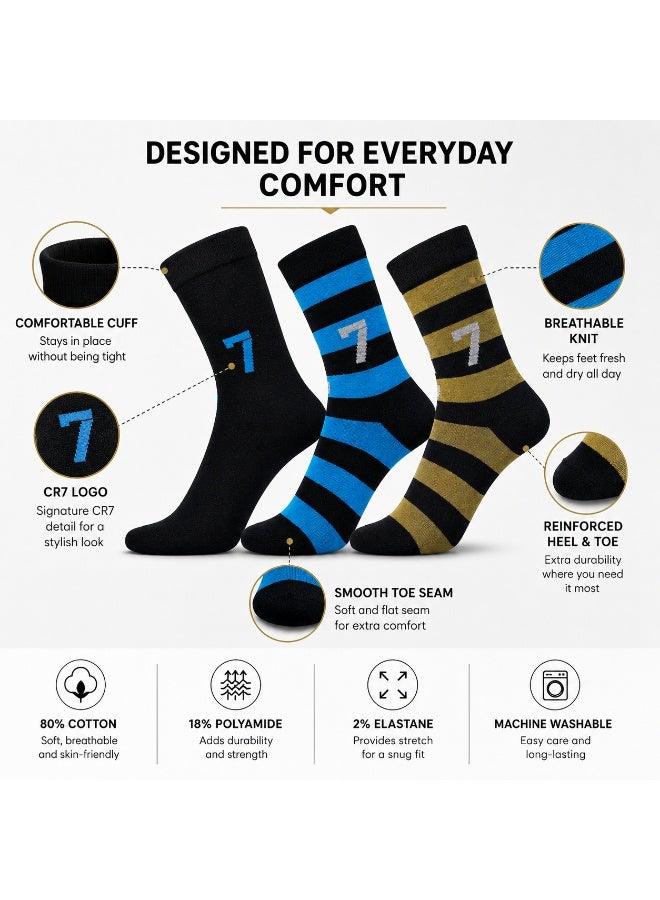 CR7 Kids Socks 3-Pack, Cotton Blend Crew Socks, Black, Blue & Gold Designs, 70% Cotton, 29% Polyester, 1% Elastane - Image 4