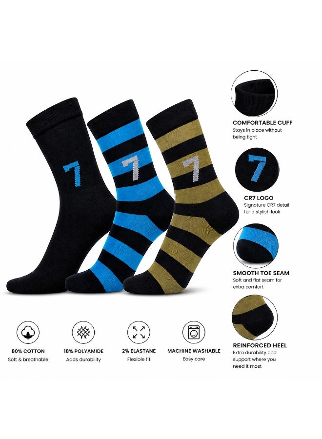 CR7 Kids Socks 3-Pack, Cotton Blend Crew Socks, Black, Blue & Gold Designs, 70% Cotton, 29% Polyester, 1% Elastane - Image 2
