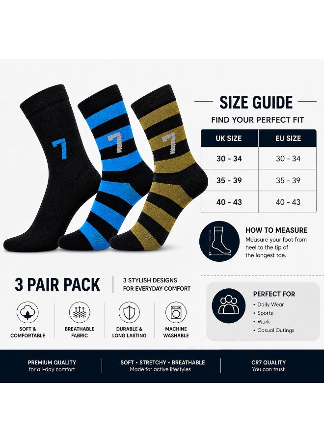 CR7 Kids Socks 3-Pack, Cotton Blend Crew Socks, Black, Blue & Gold Designs, 70% Cotton, 29% Polyester, 1% Elastane - Image 5