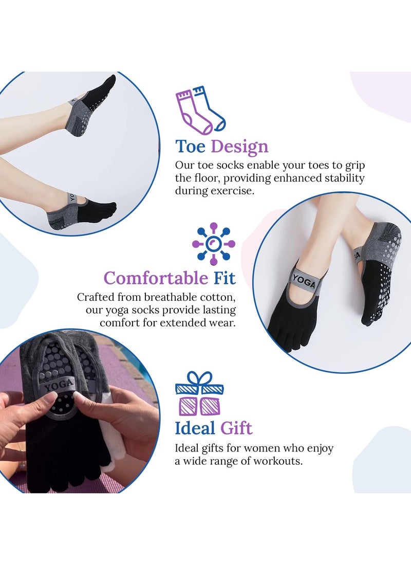 Excefore Yoga Socks with Grips for Women, 2 Pairs Non Slip Cotton and Stretchy Toe Socks in Black and White - Image 2