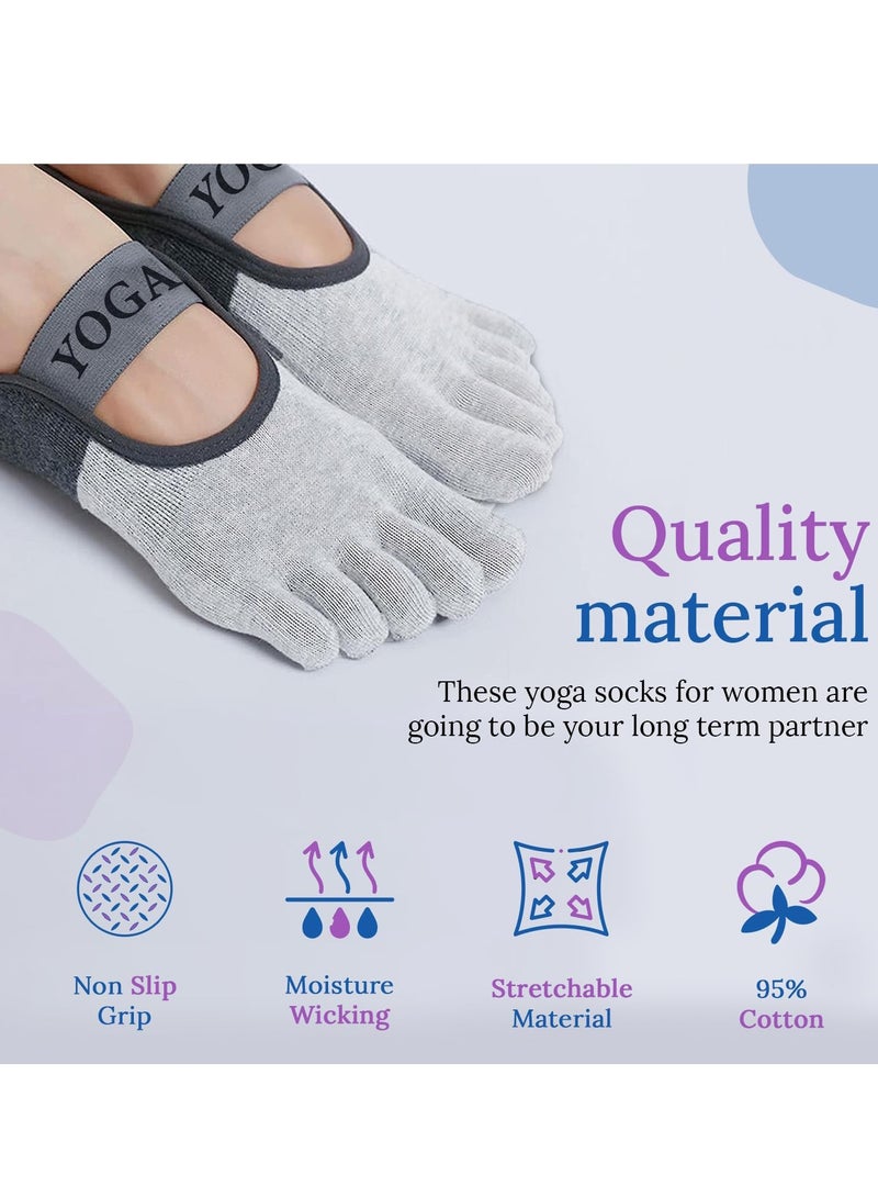 Excefore Yoga Socks with Grips for Women, 2 Pairs Non Slip Cotton and Stretchy Toe Socks in Black and White - Image 3