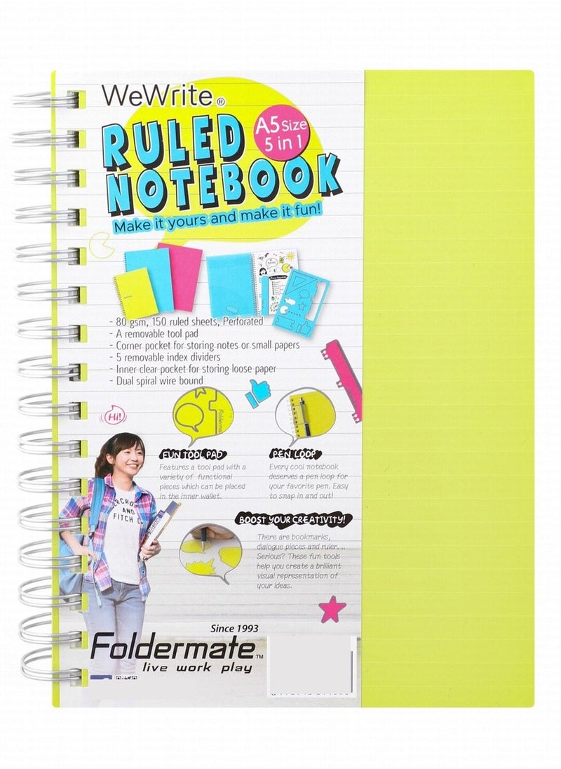 Foldermate - دفتر ملاحظات WeWrite A5 ذو غلاف أخضر بخطوط حلزونية وخمسة مواضيع مع لوحة أدوات وحلقة قلم - Image 1