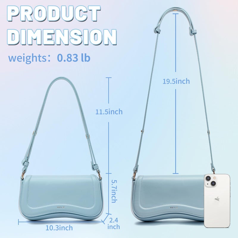 Keyli Women's Light Blue Hobo Handbag, Leather, 10.3" L x 2.4" W x 5.7" H, Magnetic Buckle Lock, Adjustable Handle Drop, Canvas Interior, Ideal for Travel - Image 4