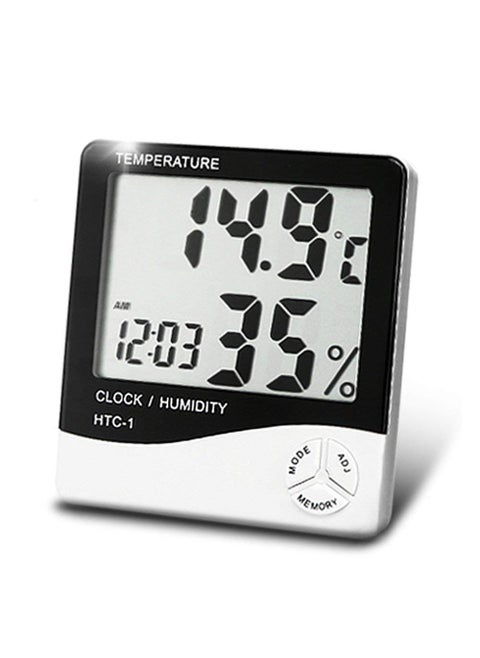 DBest Choice Plastic Standard HTC Digital Display Room Temperature Humidity Meter Tabletop or Wall Mount Clock with Thermometer Calendar Time and Alarm White and Blue 100 x 93 x 20 mm