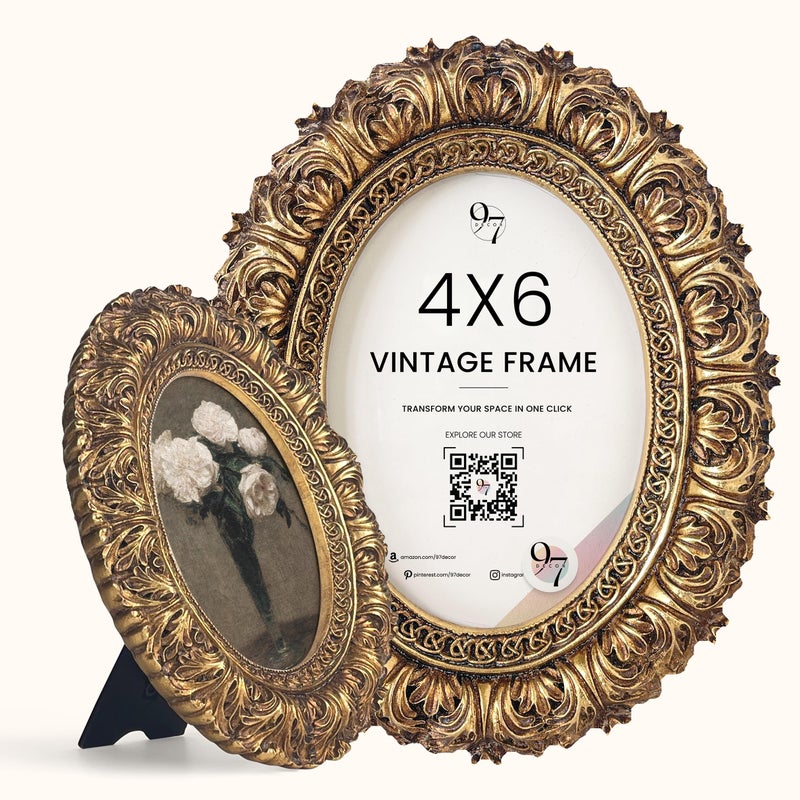 97 Decor 4x6 Oval Picture Frame - Vintage 4 x 6 Picture Frames Gold  Rustic 4 x 6 Gold Frame  Ornate Photo Frame 4 By 6 Picture Frame For Tabletop And Wall Hanging - Image 1