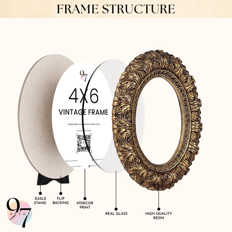 97 Decor 4x6 Oval Picture Frame - Vintage 4 x 6 Picture Frames Gold  Rustic 4 x 6 Gold Frame  Ornate Photo Frame 4 By 6 Picture Frame For Tabletop And Wall Hanging - Image 3