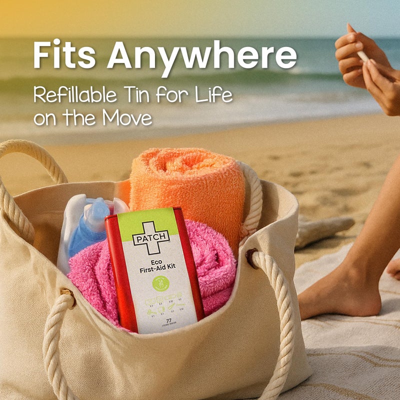 Patch Eco First Aid Kit, Assorted Hypoallergenic Adhesive Sizes Large and Small Bandages for Sensitive Skin, Essential Medical Supplies in a Reusable Tin, Latex Free, Sensitive Skin Bandages, 77 ct - Image 4