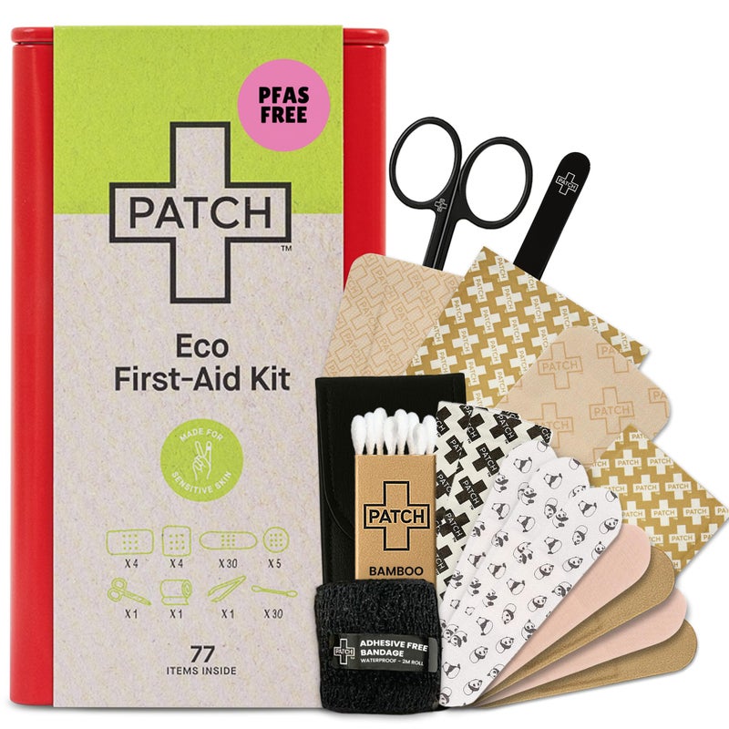 Patch Eco First Aid Kit, Assorted Hypoallergenic Adhesive Sizes Large and Small Bandages for Sensitive Skin, Essential Medical Supplies in a Reusable Tin, Latex Free, Sensitive Skin Bandages, 77 ct - Image 1