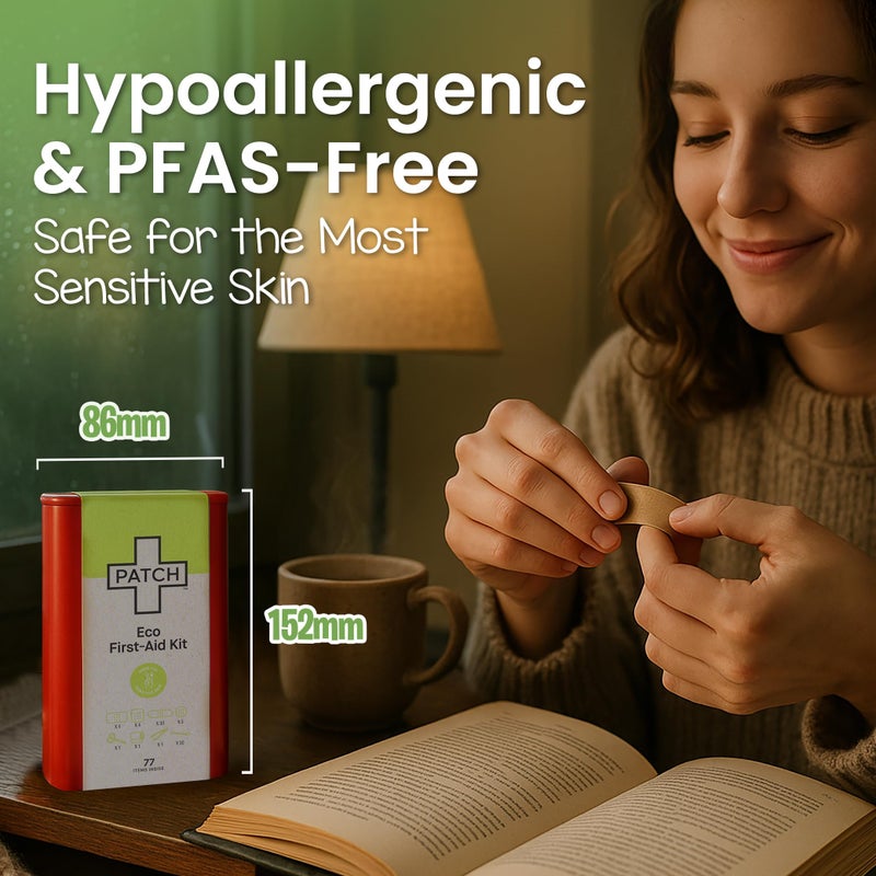 Patch Eco First Aid Kit, Assorted Hypoallergenic Adhesive Sizes Large and Small Bandages for Sensitive Skin, Essential Medical Supplies in a Reusable Tin, Latex Free, Sensitive Skin Bandages, 77 ct - Image 5