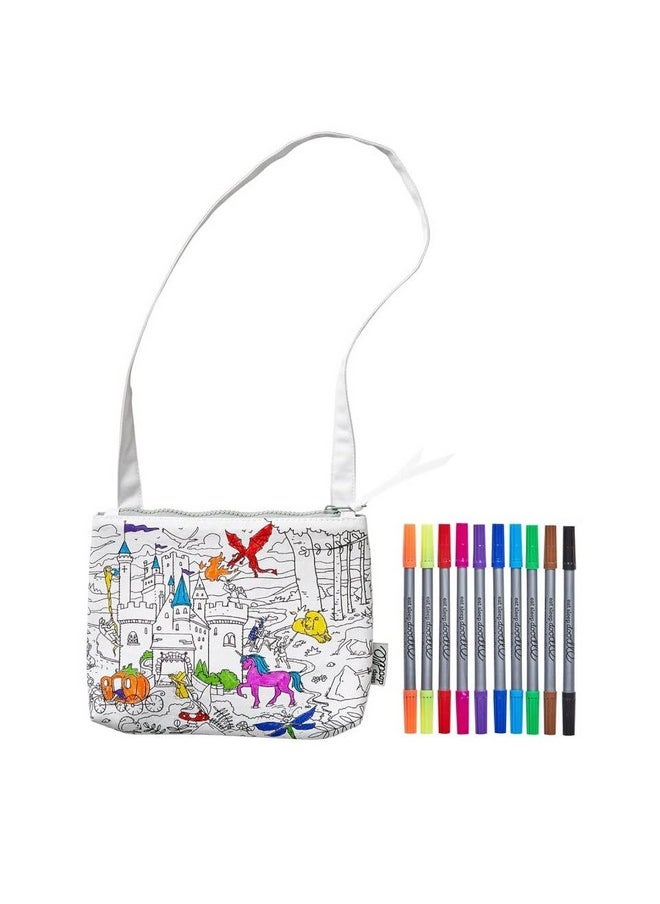 eatsleepdoodle eatsleepdoodle Fairy Tale Coloring Crossbody Bag for Kids w/ 10pk Washable Markers for Kids - 8.5x7in Kids Color-in Crossbody Bag  - Image 1