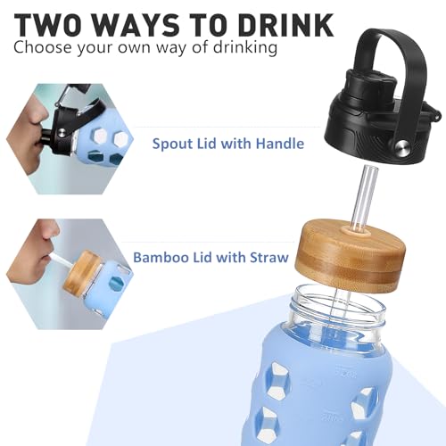 MUKOKO Glass Water Bottles,24oz Glass Tumbler with Straw,Drinking Bottles with 2 Lids-Handle Spout Lid&Bamboo Straw Lid,Motivational Water Bottle with Time Marker and Silicone Sleeve,1 Pack-Glacier - Image 2