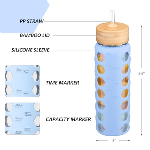 MUKOKO Glass Water Bottles,24oz Glass Tumbler with Straw,Drinking Bottles with 2 Lids-Handle Spout Lid&Bamboo Straw Lid,Motivational Water Bottle with Time Marker and Silicone Sleeve,1 Pack-Glacier - Image 3