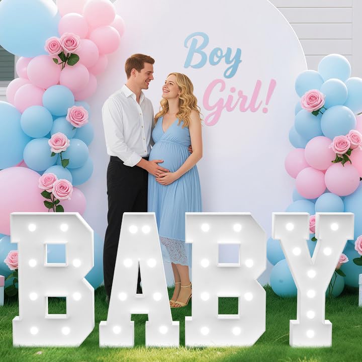 Tongjoy 2.3FT Baby Marquee Letters, Baby Letters for Baby Shower for Girl Boy, Large Light Up Sign for Backdrop, Gender Reveal Party Decorations Supplies (White) - Image 1