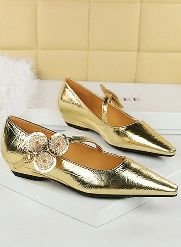 BIGTREE Women's Low Heel Wedge Pumps Comfortable Closed Pointed Toe Ankle Strap Sandals Gold - Image 2