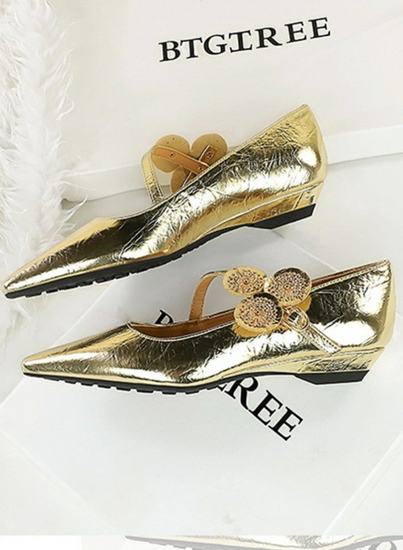 BIGTREE Women's Low Heel Wedge Pumps Comfortable Closed Pointed Toe Ankle Strap Sandals Gold - Image 3